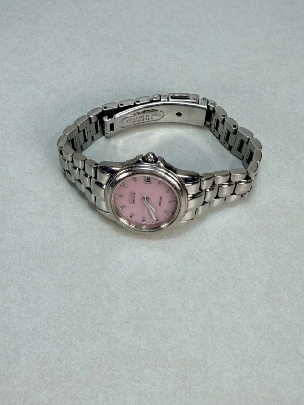 Citizen Eco-Drive Pink Dial WR100 Ladies Watch Stainless Steel Date Japan Works
